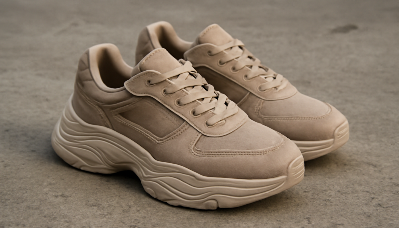 sneakers premium épaisses posées sur sol béton