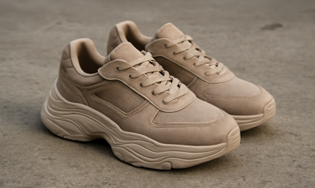sneakers premium épaisses posées sur sol béton
