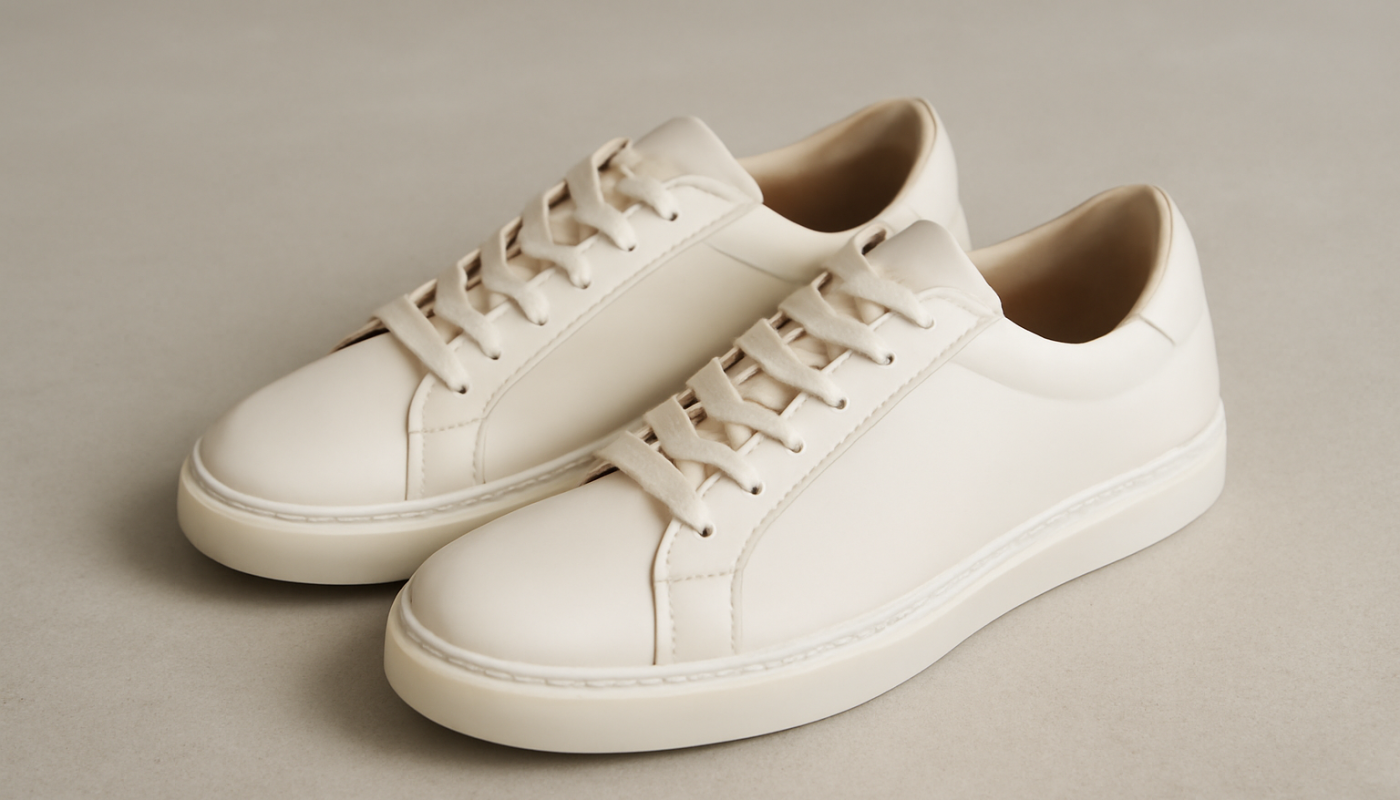 sneakers minimalistes premium posées sur sol neutre