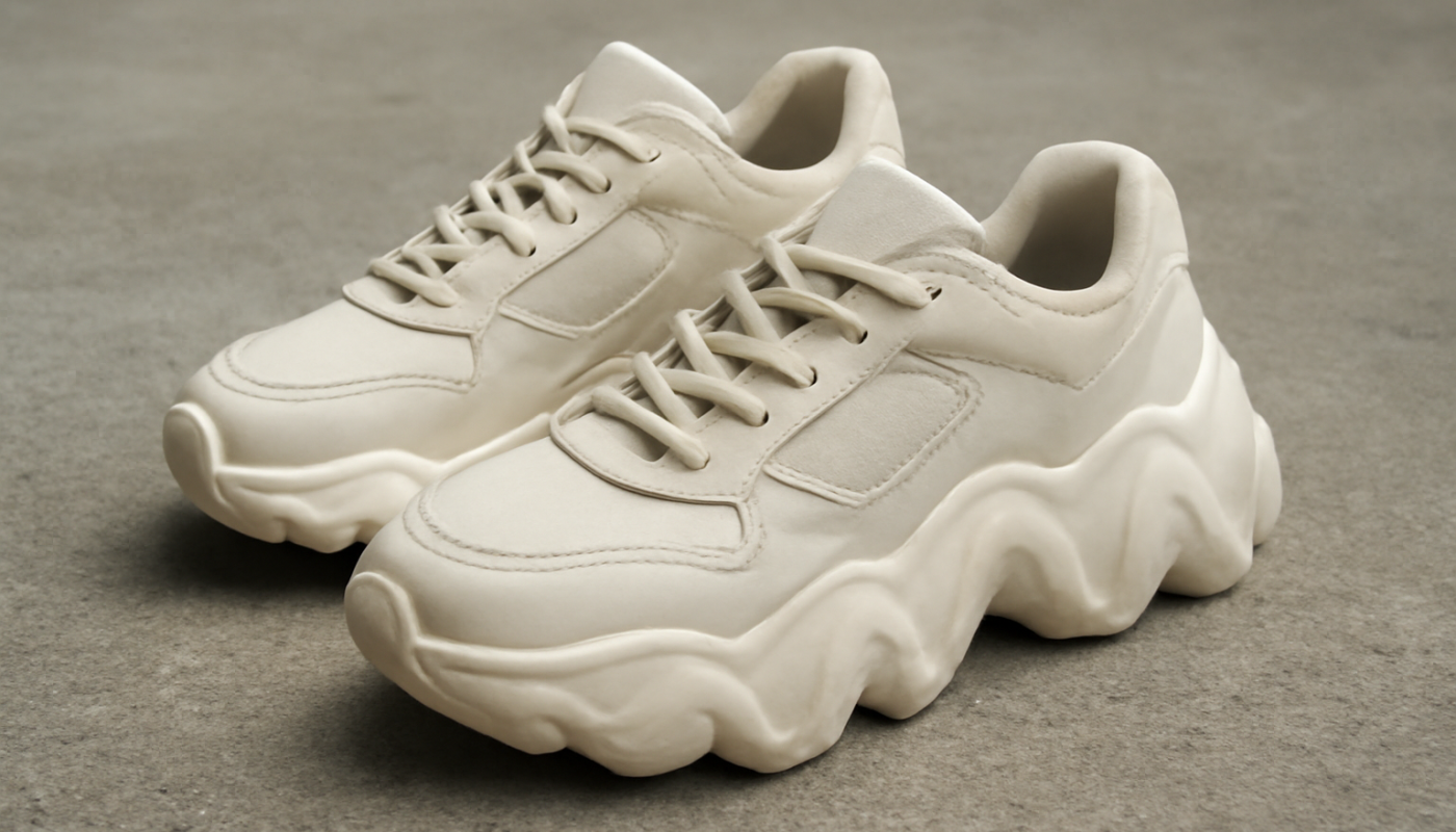 sneakers avec semelle irrégulière posées sur sol béton