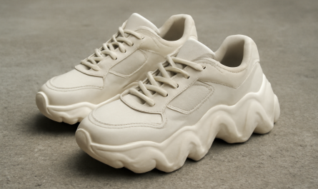 sneakers avec semelle irrégulière posées sur sol béton