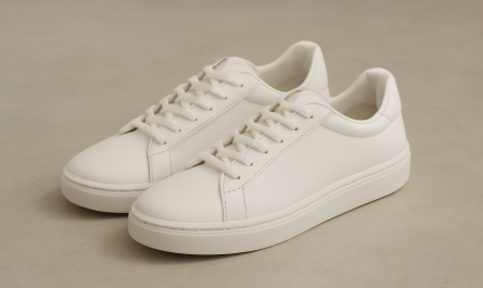 sneakers design minimaliste posées sur sol neutre