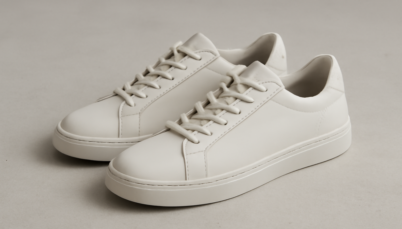 sneakers design minimaliste posées sur sol neutre
