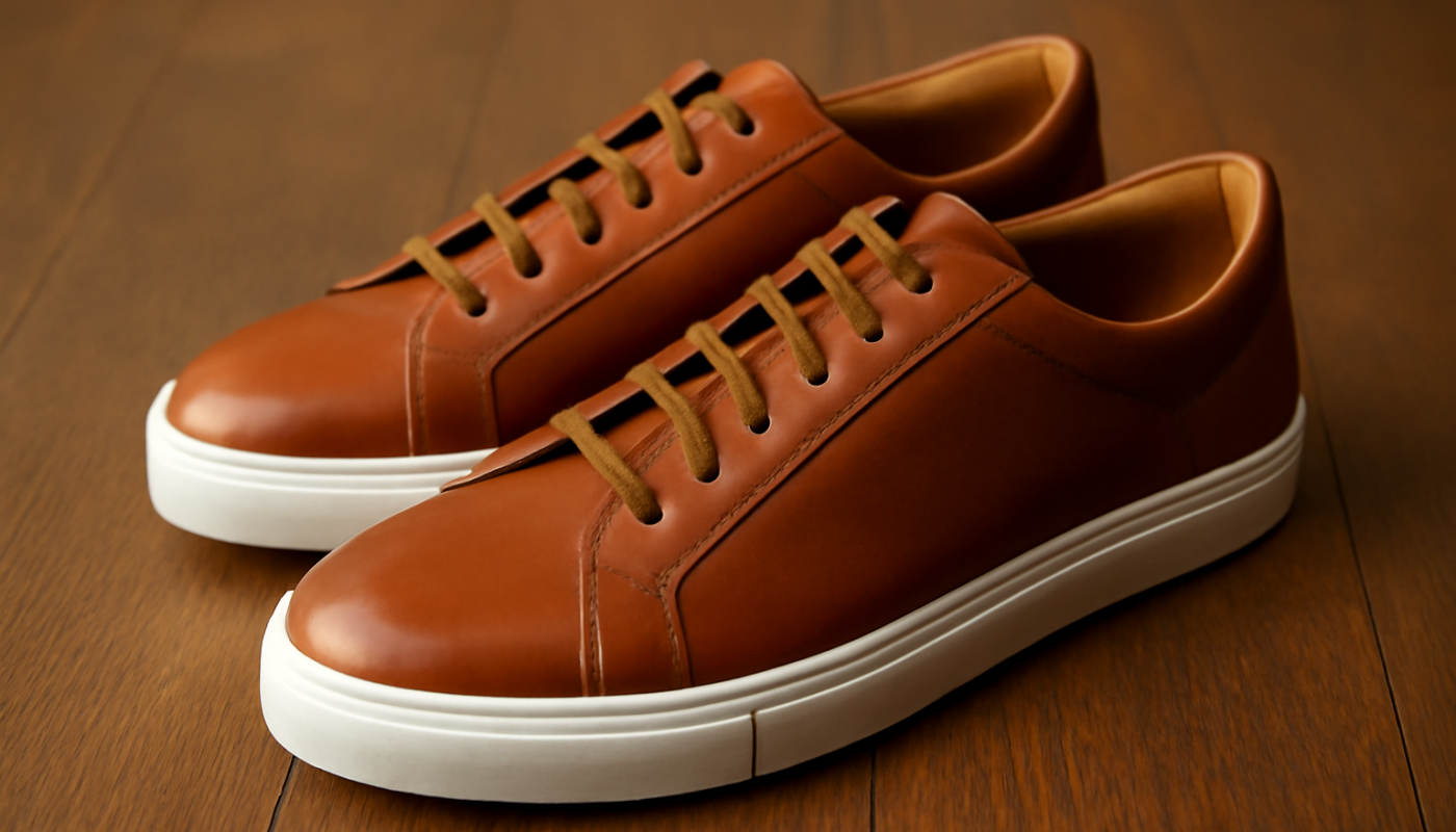 sneakers en cuir premium posées sur sol bois