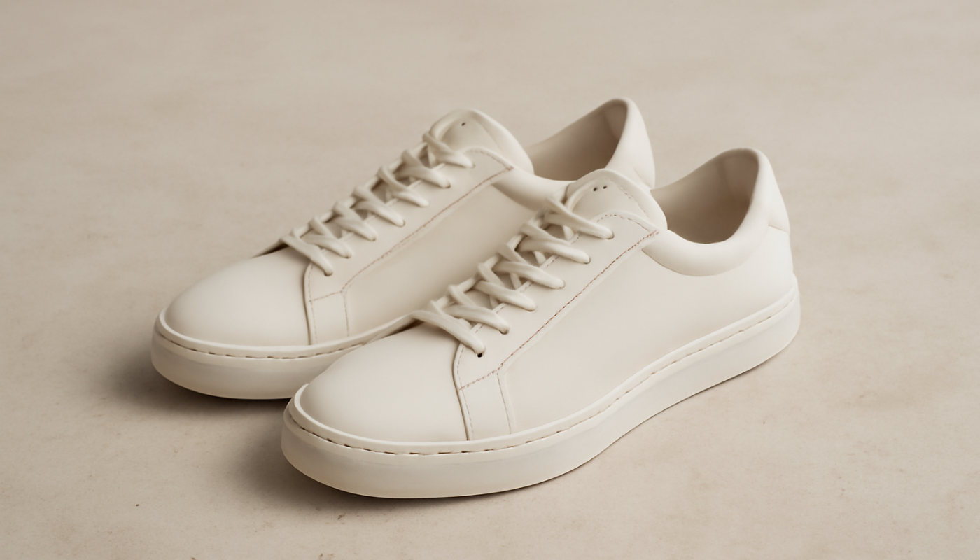 sneakers minimalistes en cuir posées sur sol clair