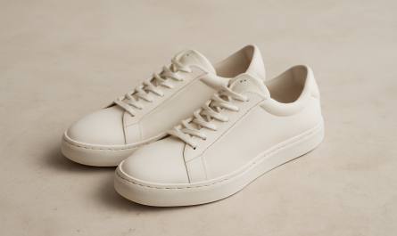 sneakers minimalistes en cuir posées sur sol clair