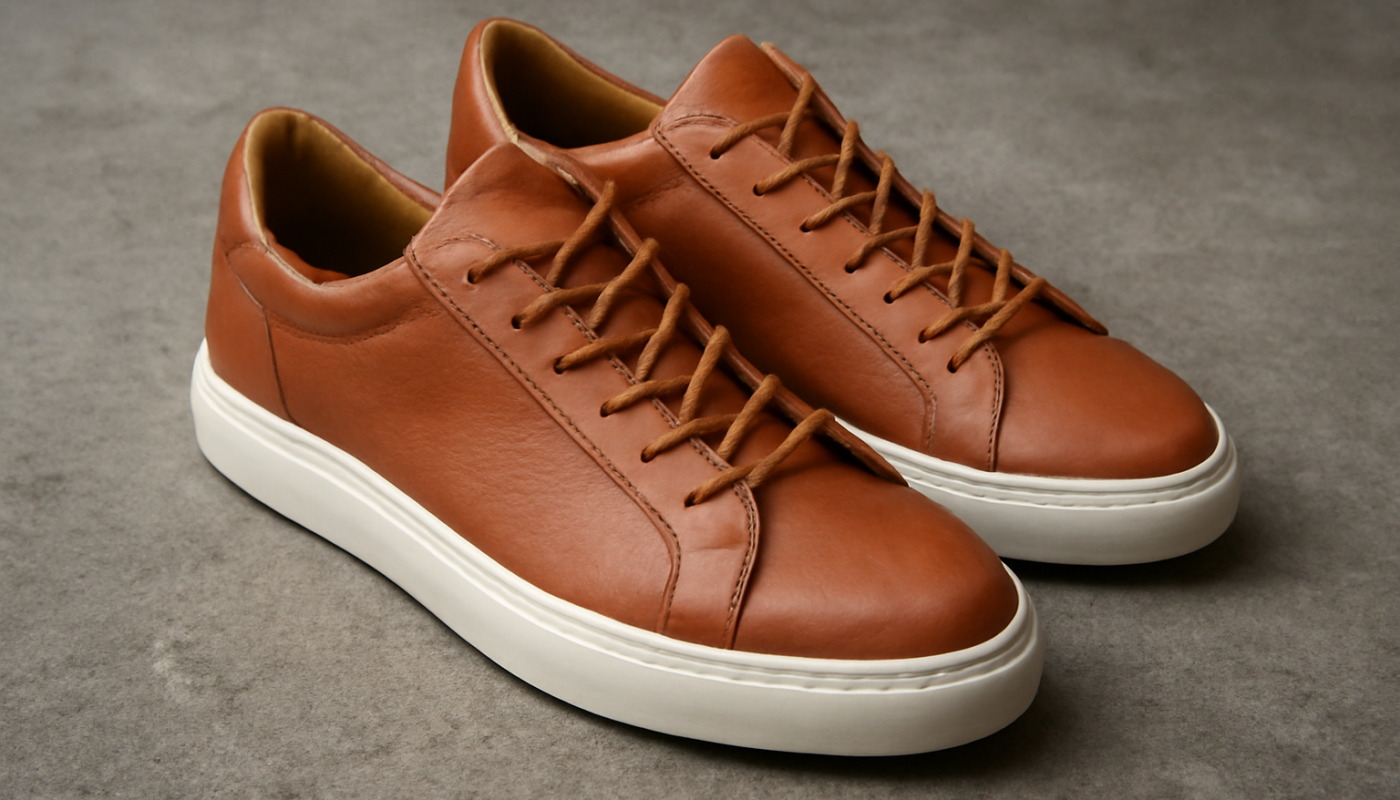 sneakers premium en cuir posées sur sol béton