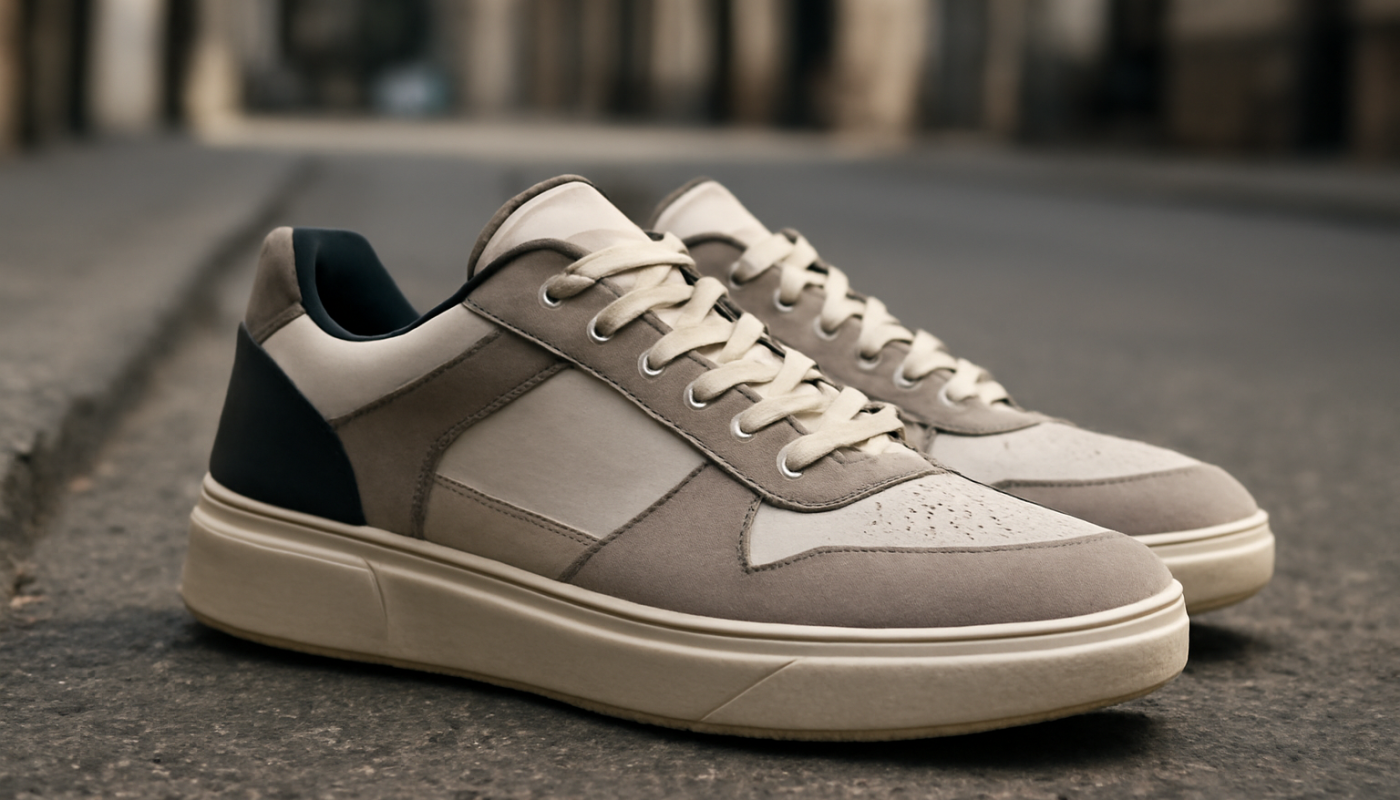 sneakers streetwear premium posées sur sol urbain