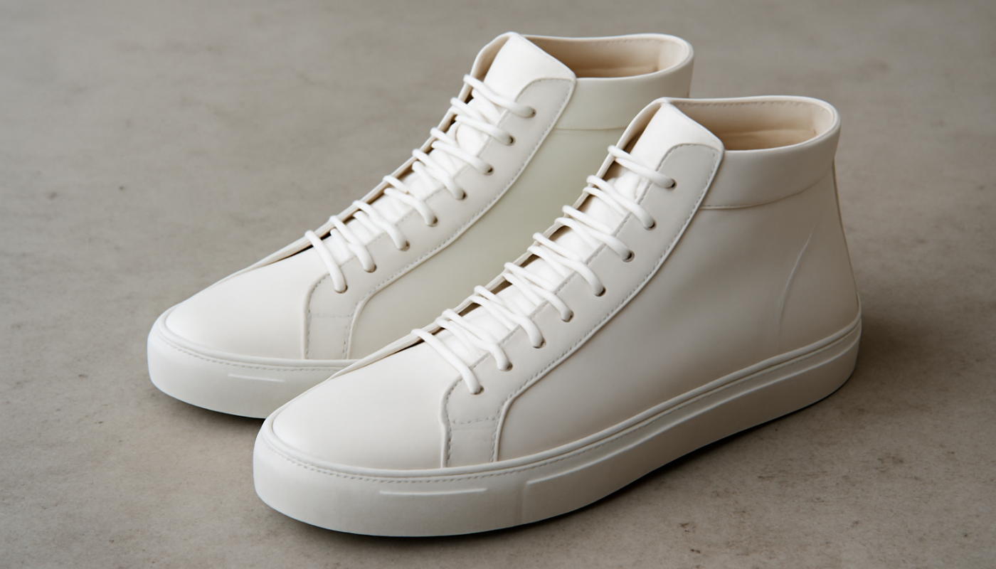 sneakers montantes design minimaliste posées sur sol béton