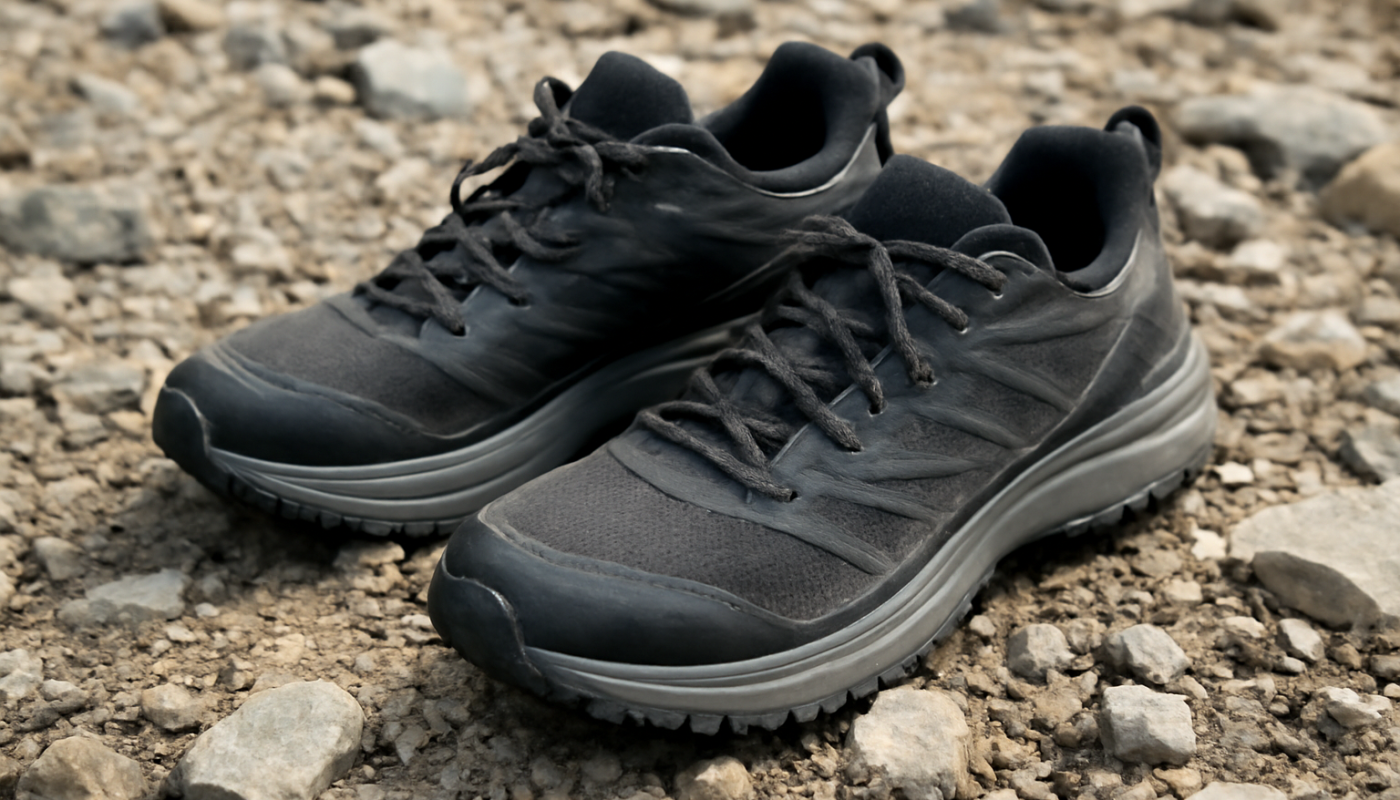 sneakers techniques posées sur sol rocheux