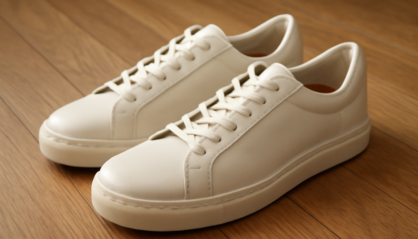 sneakers minimalistes en cuir posées sur sol bois
