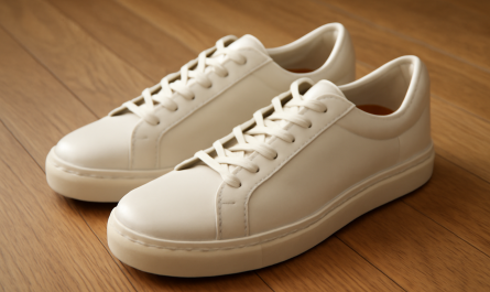 sneakers minimalistes en cuir posées sur sol bois