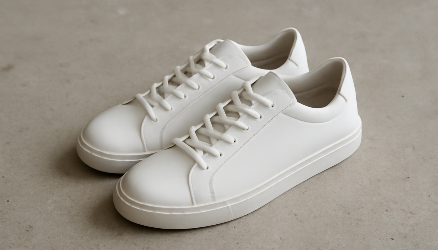 sneakers minimalistes en cuir posées sur sol béton