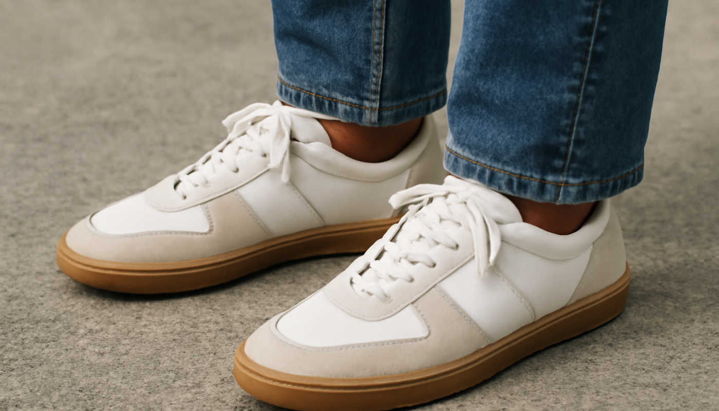 sneakers minimalistes rétro portées avec jean brut