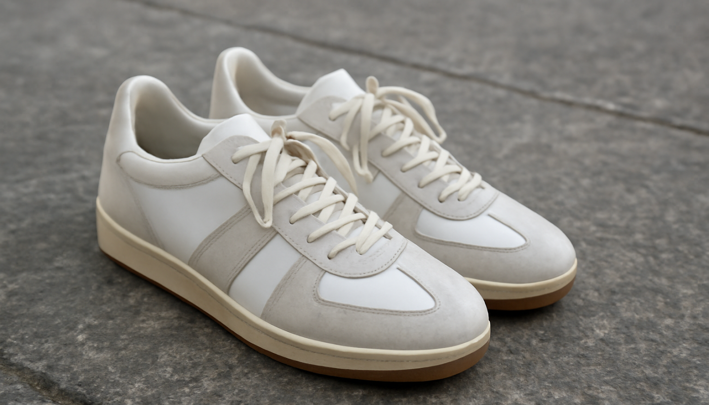 sneakers rétro minimalistes posées sur sol urbain