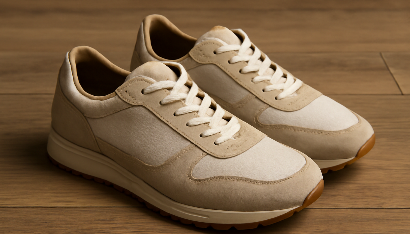 sneakers premium en matériaux naturels posées sur sol bois