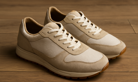 sneakers premium en matériaux naturels posées sur sol bois
