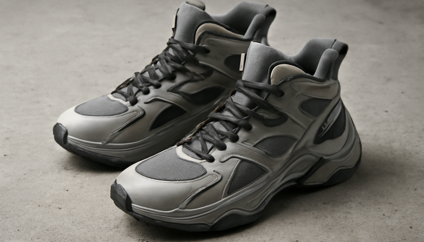 sneakers design futuriste posées sur sol béton
