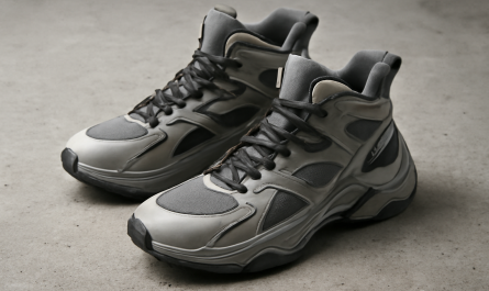 sneakers design futuriste posées sur sol béton