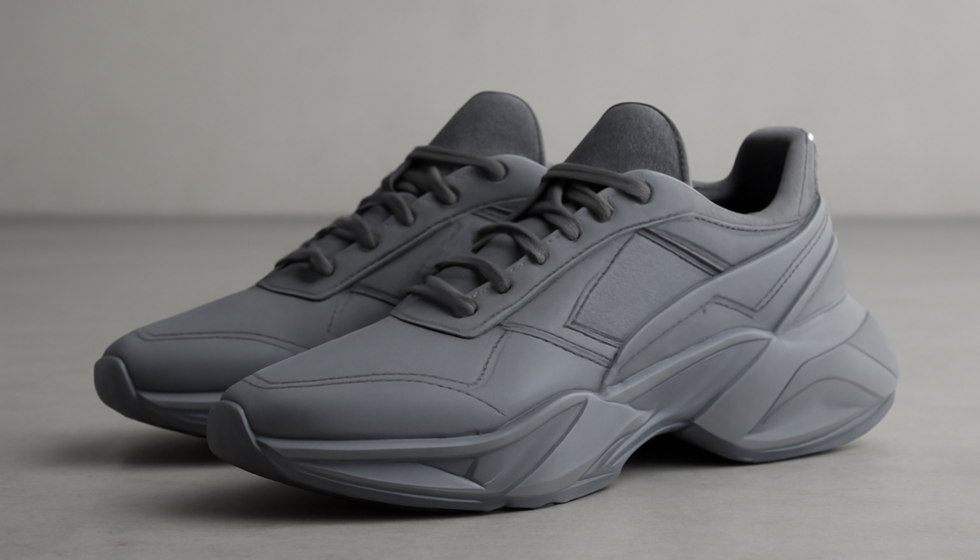 sneakers design futuriste posées sur sol minimaliste