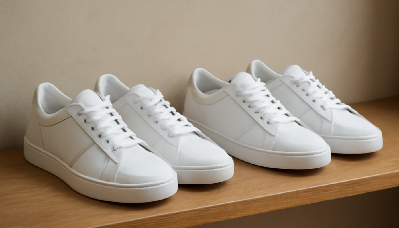 deux paires de sneakers blanches comparées sur une étagère