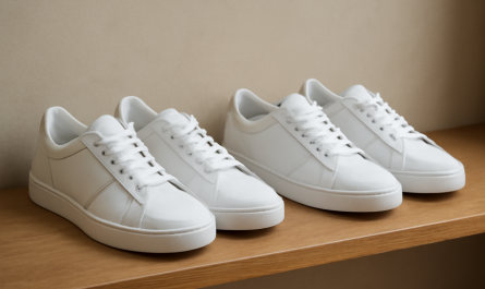 deux paires de sneakers blanches comparées sur une étagère