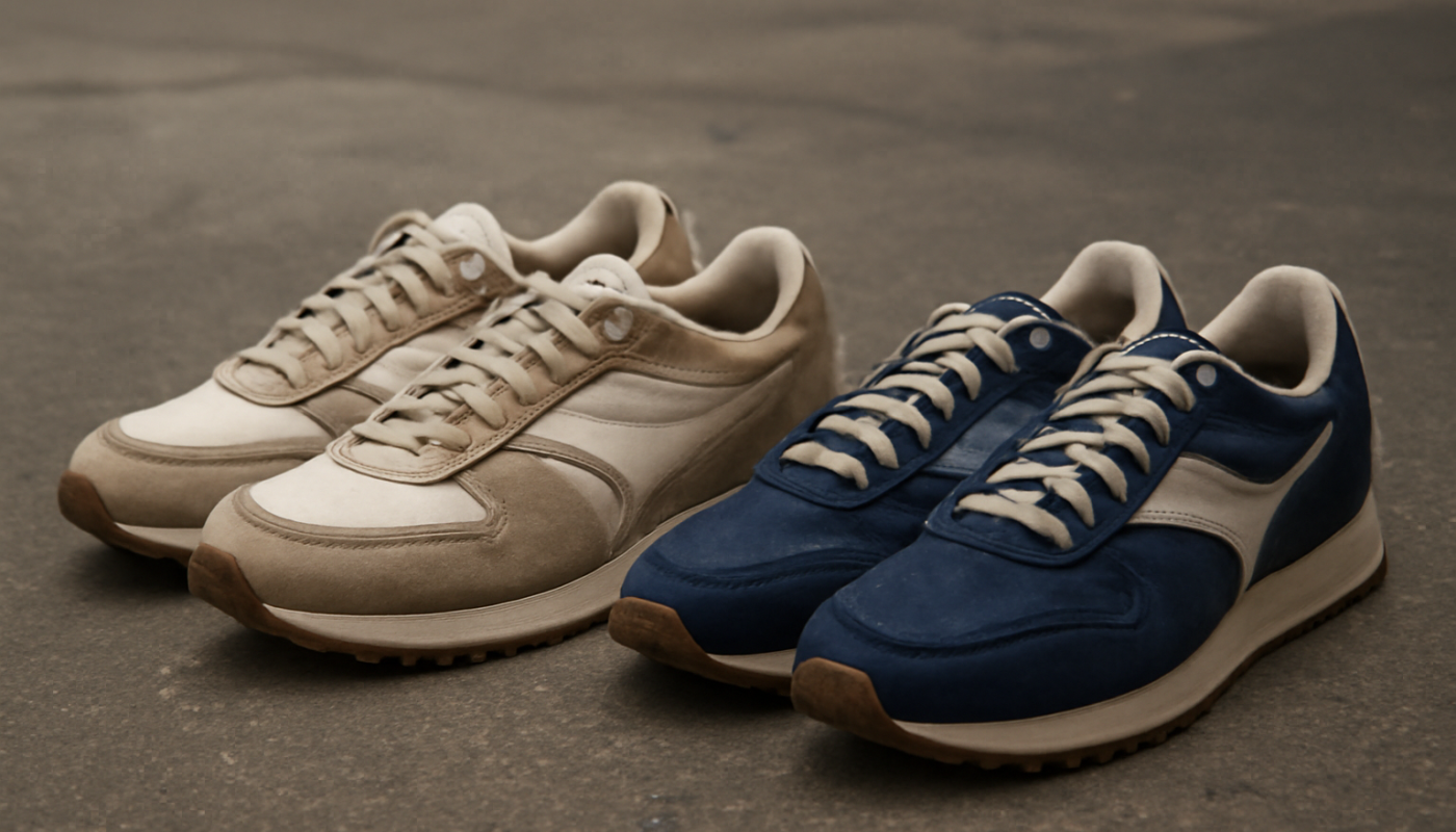 deux paires de sneakers rétro comparées sur sol urbain