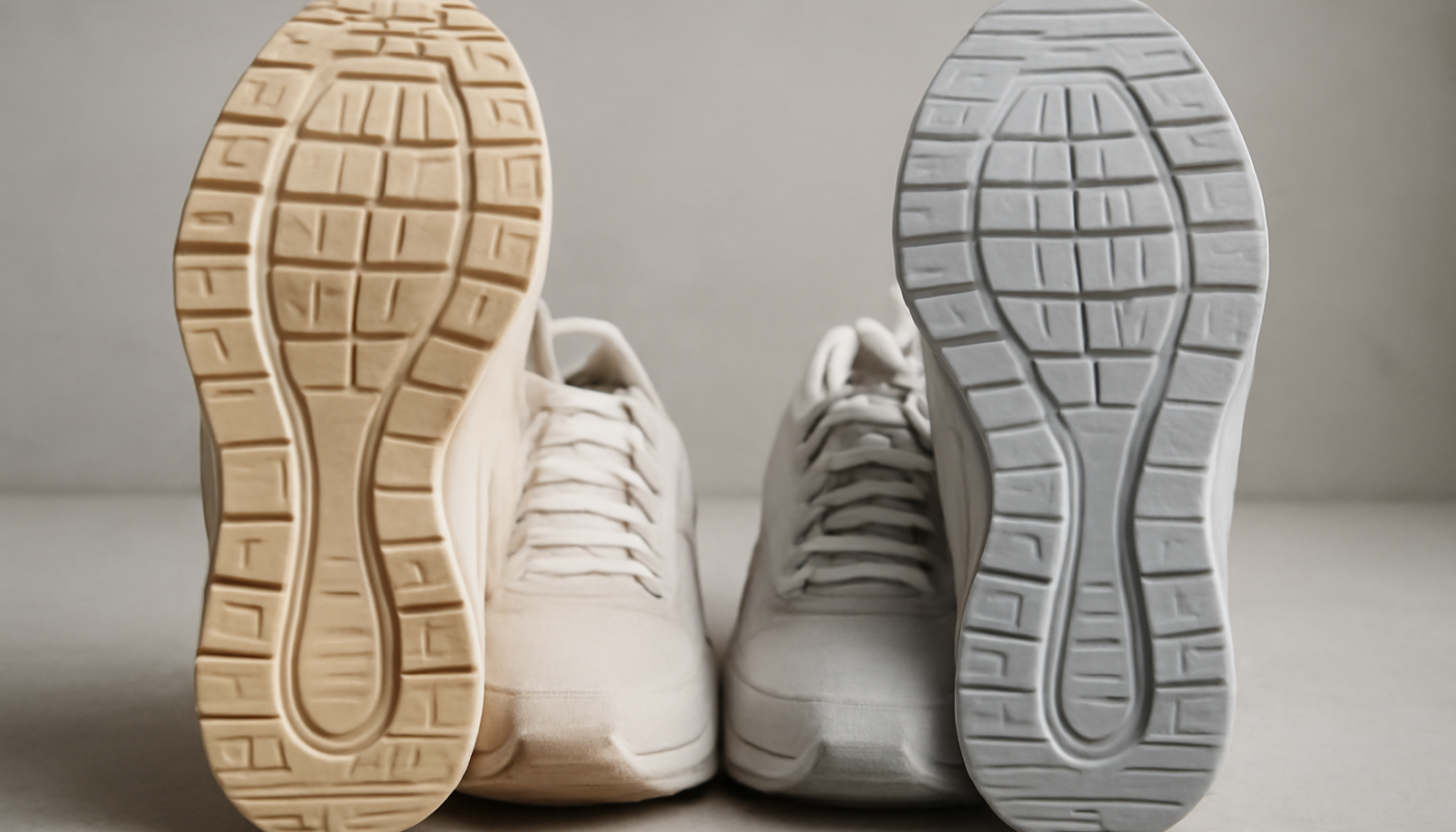 deux paires de sneakers avec semelle visible comparées