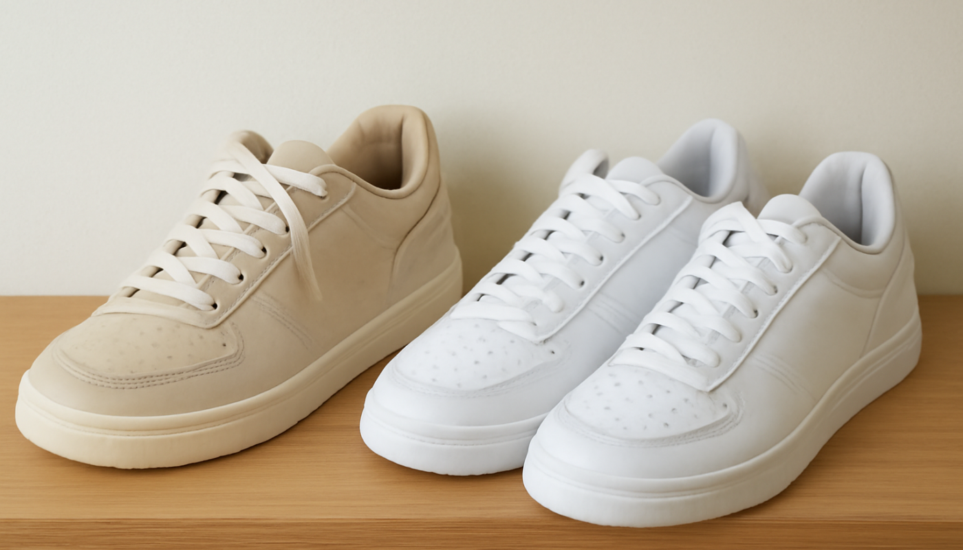 deux paires de sneakers comparées sur une étagère