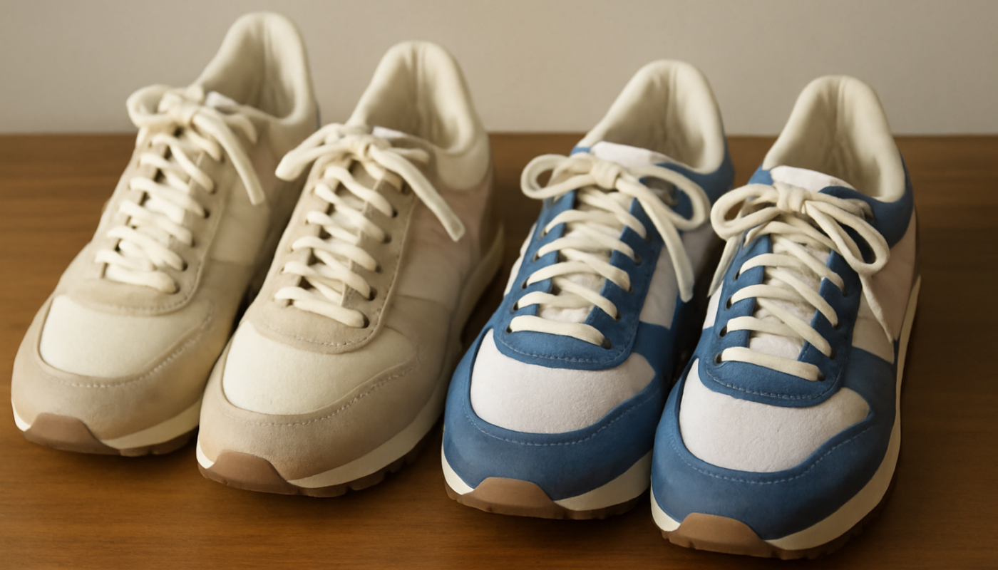 deux paires de sneakers rétro comparées sur table