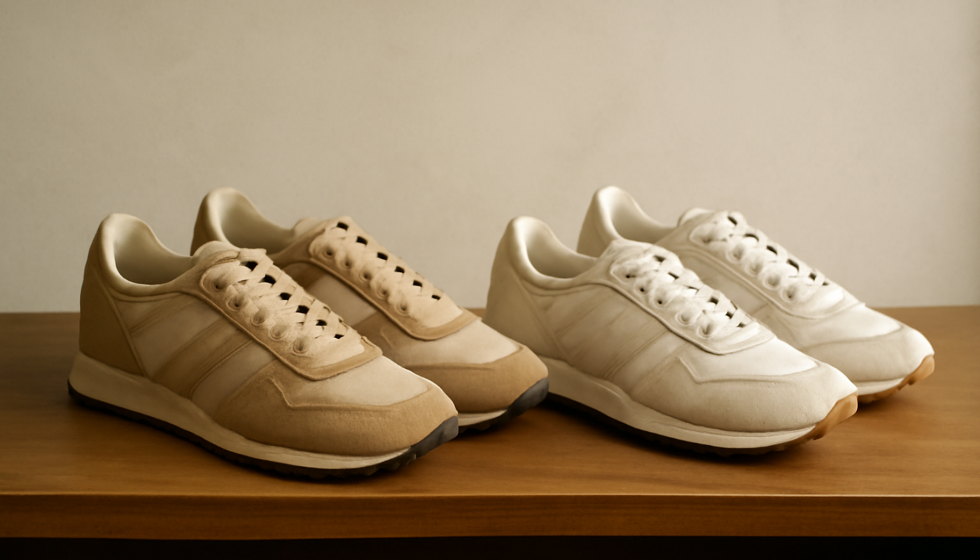 deux paires de sneakers rétro comparées sur étagère