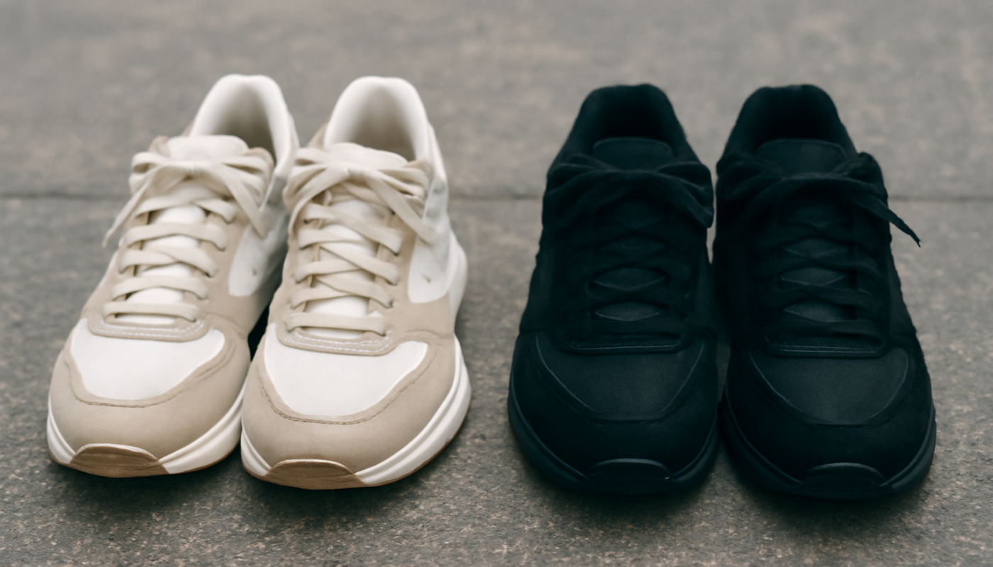 deux paires de sneakers comparées sur sol urbain
