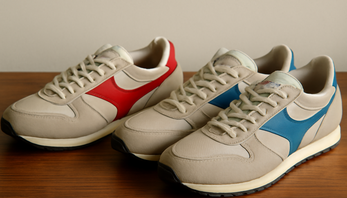 deux paires de sneakers rétro comparées sur table