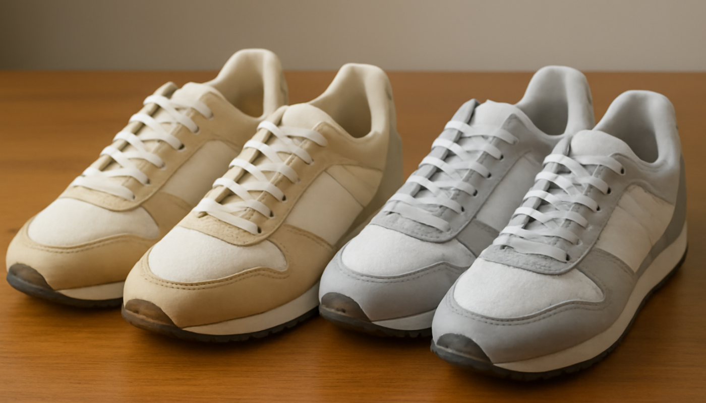 deux paires de sneakers rétro comparées sur table