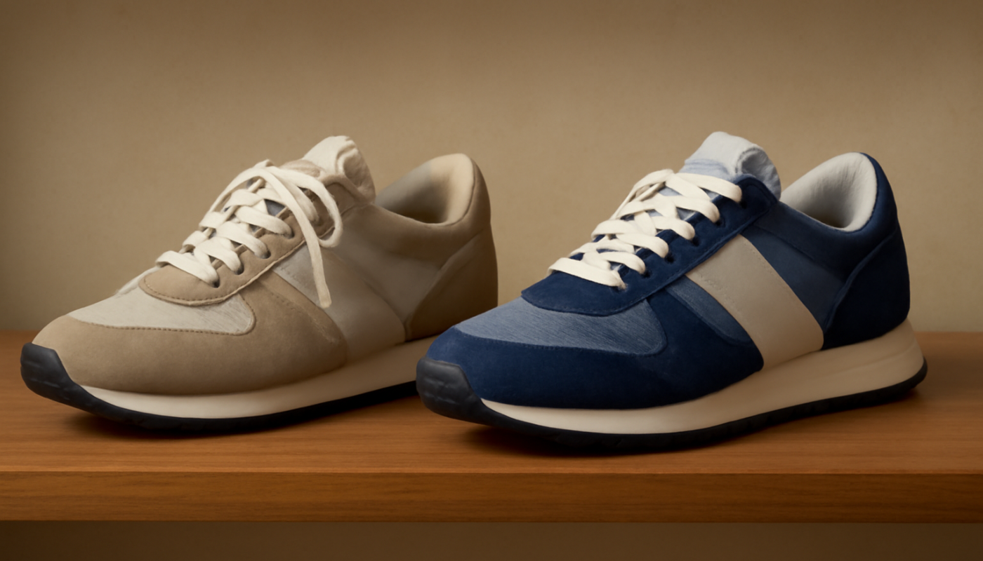 deux paires de sneakers rétro comparées sur étagère