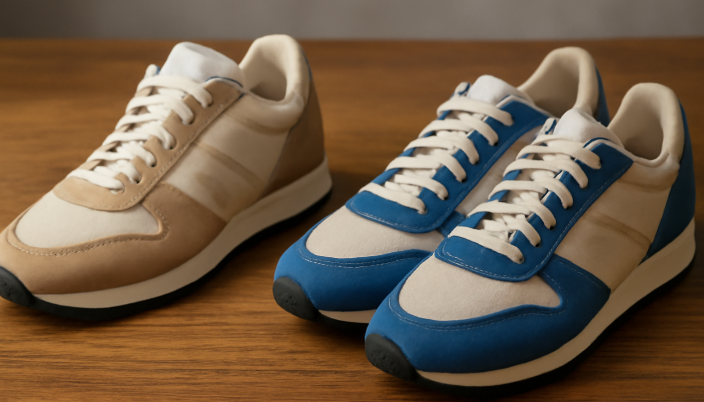 deux paires de sneakers rétro comparées sur table