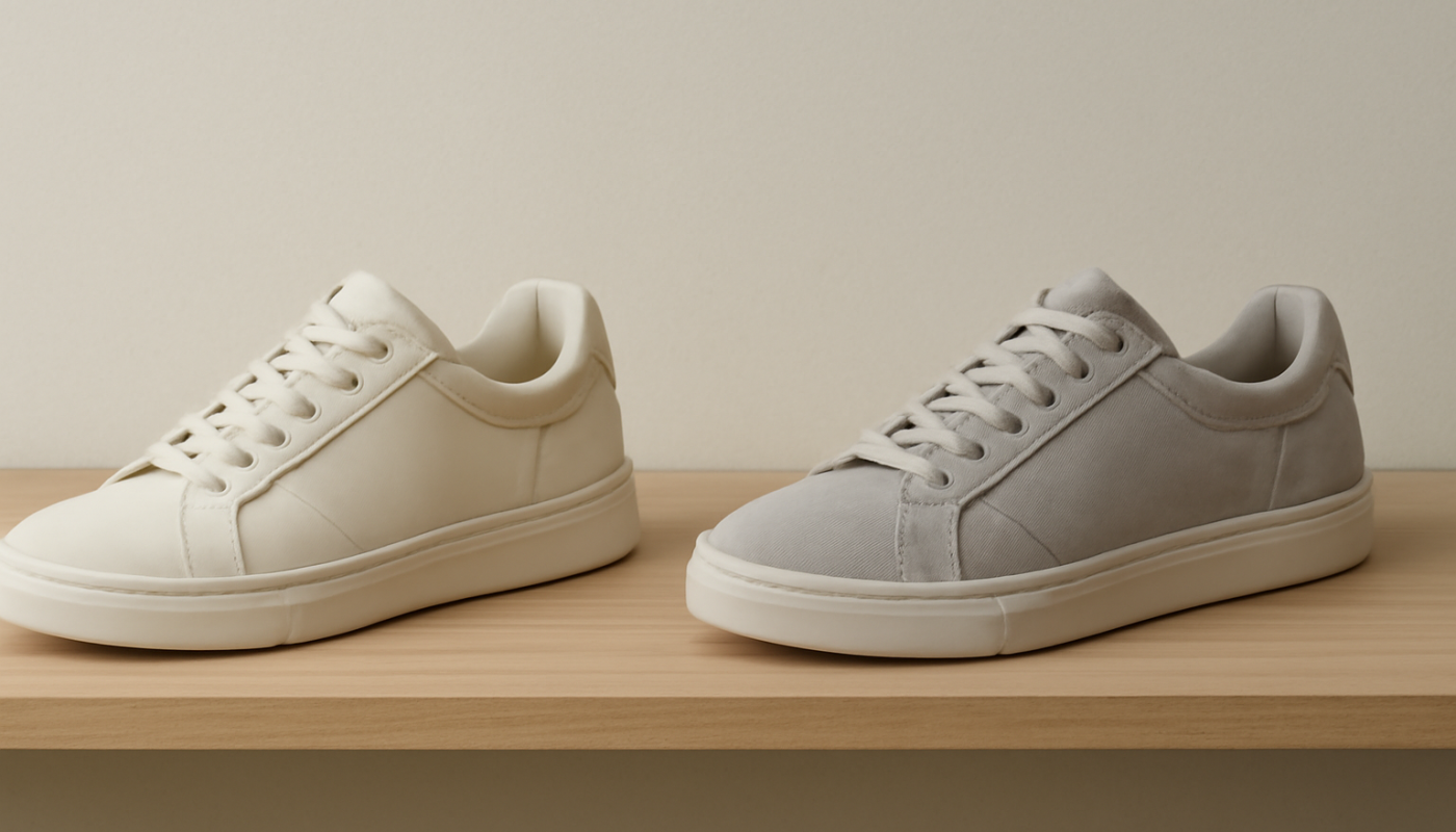 deux paires de sneakers comparées sur étagère