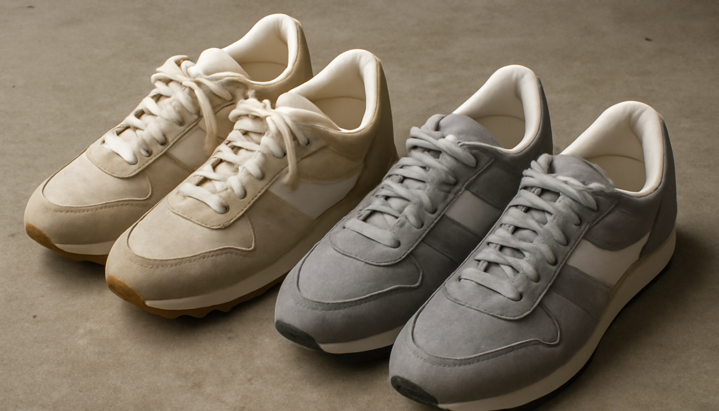 deux paires de sneakers rétro posées au sol