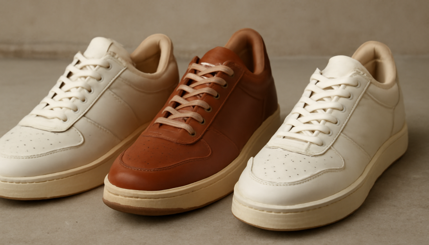 trois paires de sneakers rétro en cuir alignées