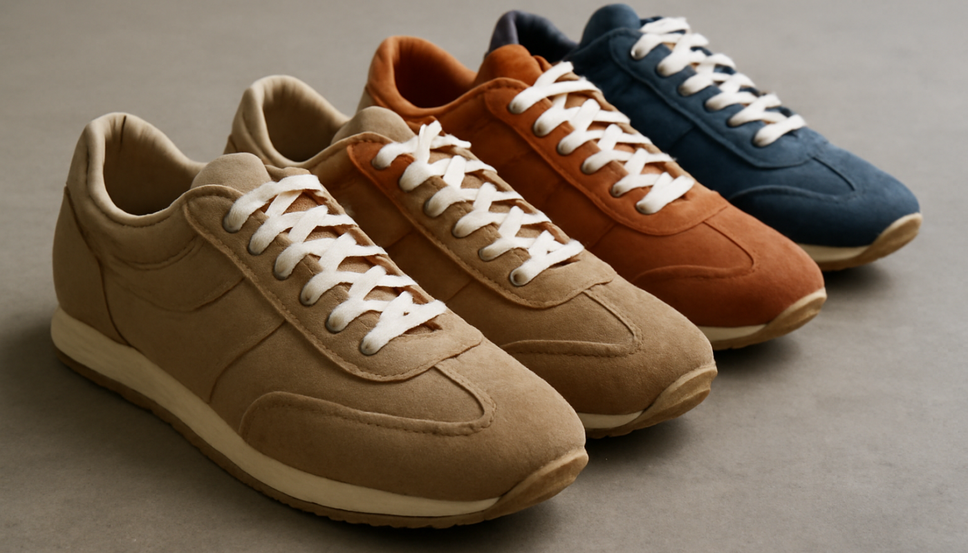 trois paires de sneakers rétro en daim alignées
