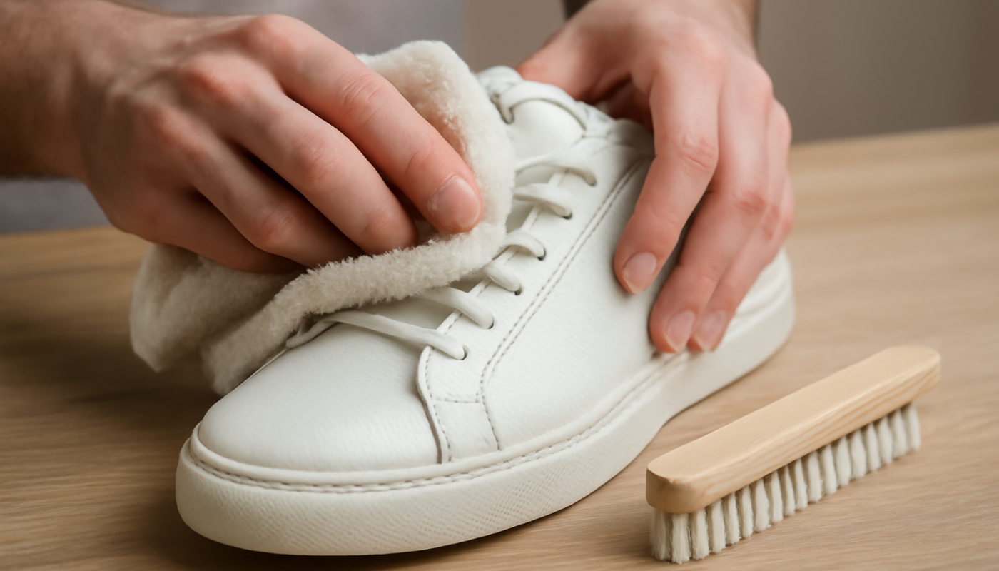 nettoyage de sneakers en cuir blanc avec chiffon et brosse douce