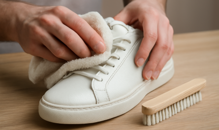 nettoyage de sneakers en cuir blanc avec chiffon et brosse douce