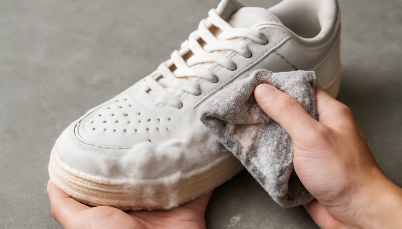 nettoyage de sneakers avec chiffon et mousse