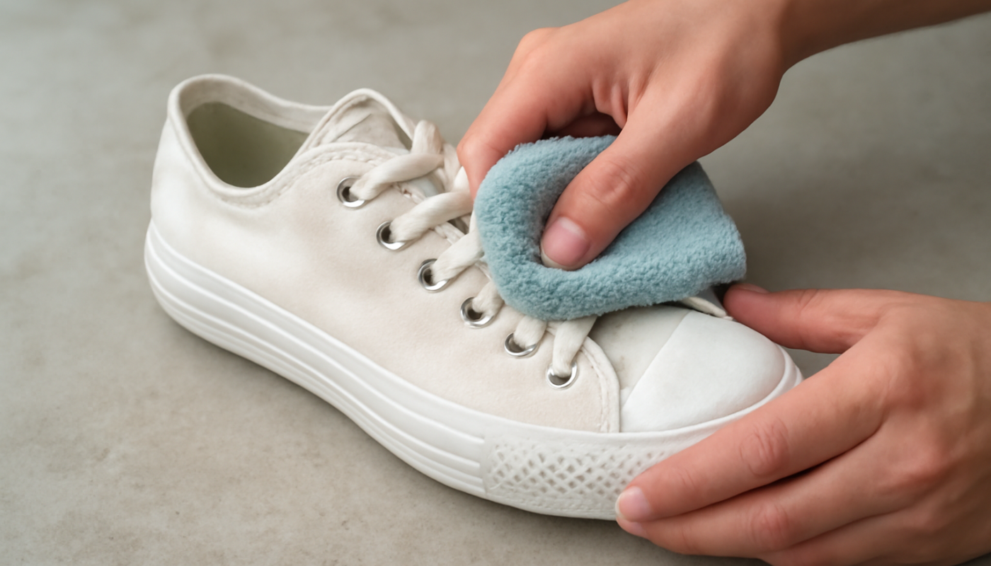 nettoyage de sneakers en tissu avec chiffon microfibre