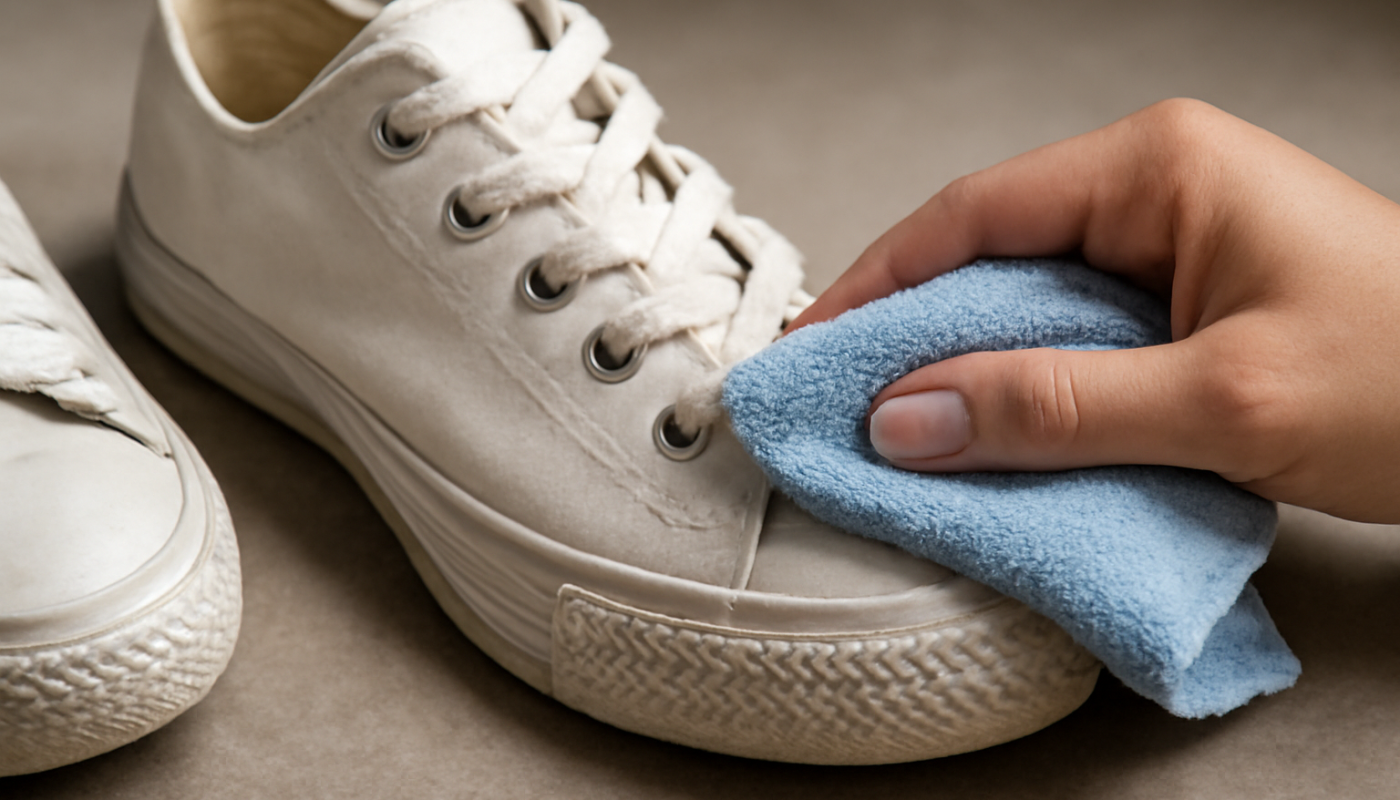 nettoyage de sneakers en tissu avec chiffon microfibre