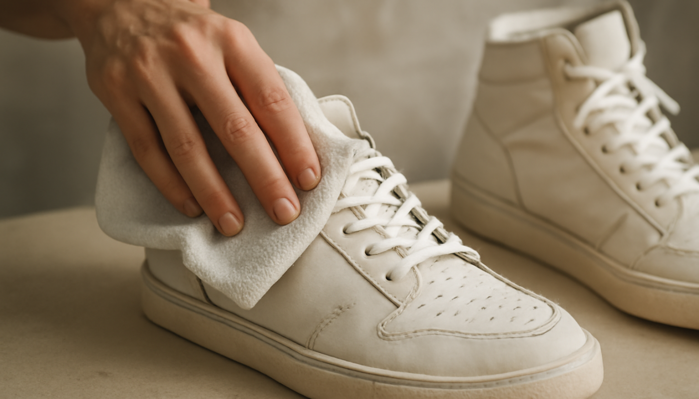 nettoyage de sneakers montantes en cuir avec chiffon doux