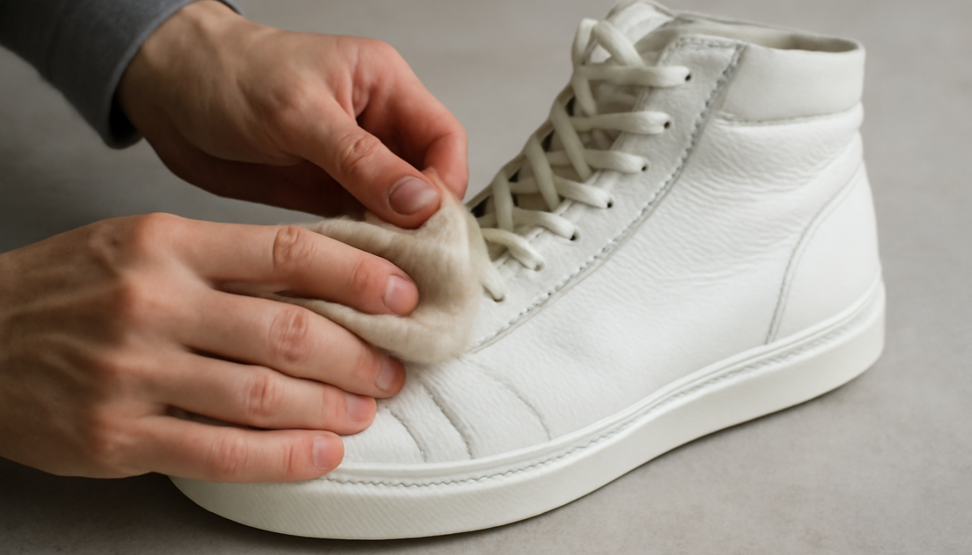 nettoyage de sneakers montantes en cuir avec chiffon doux