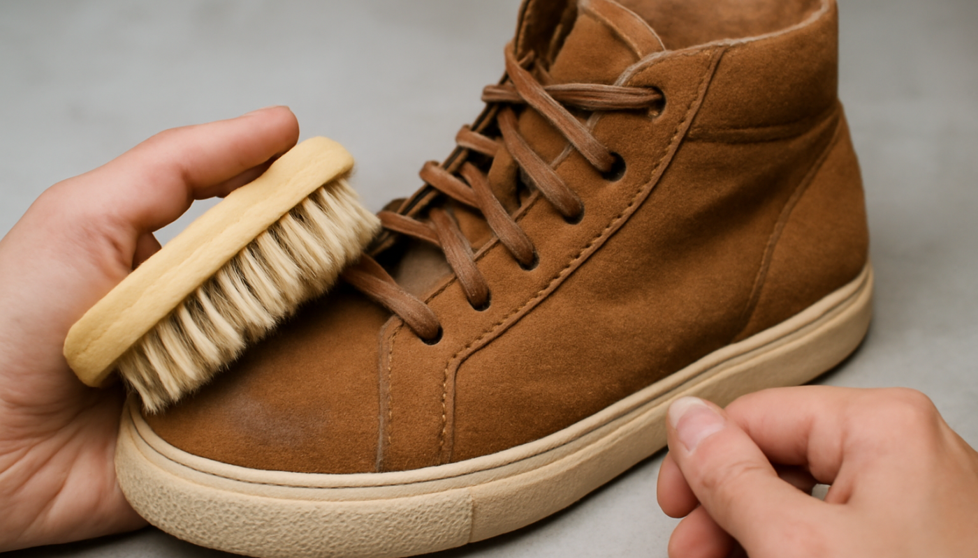 nettoyage de sneakers montantes en daim avec brosse douce