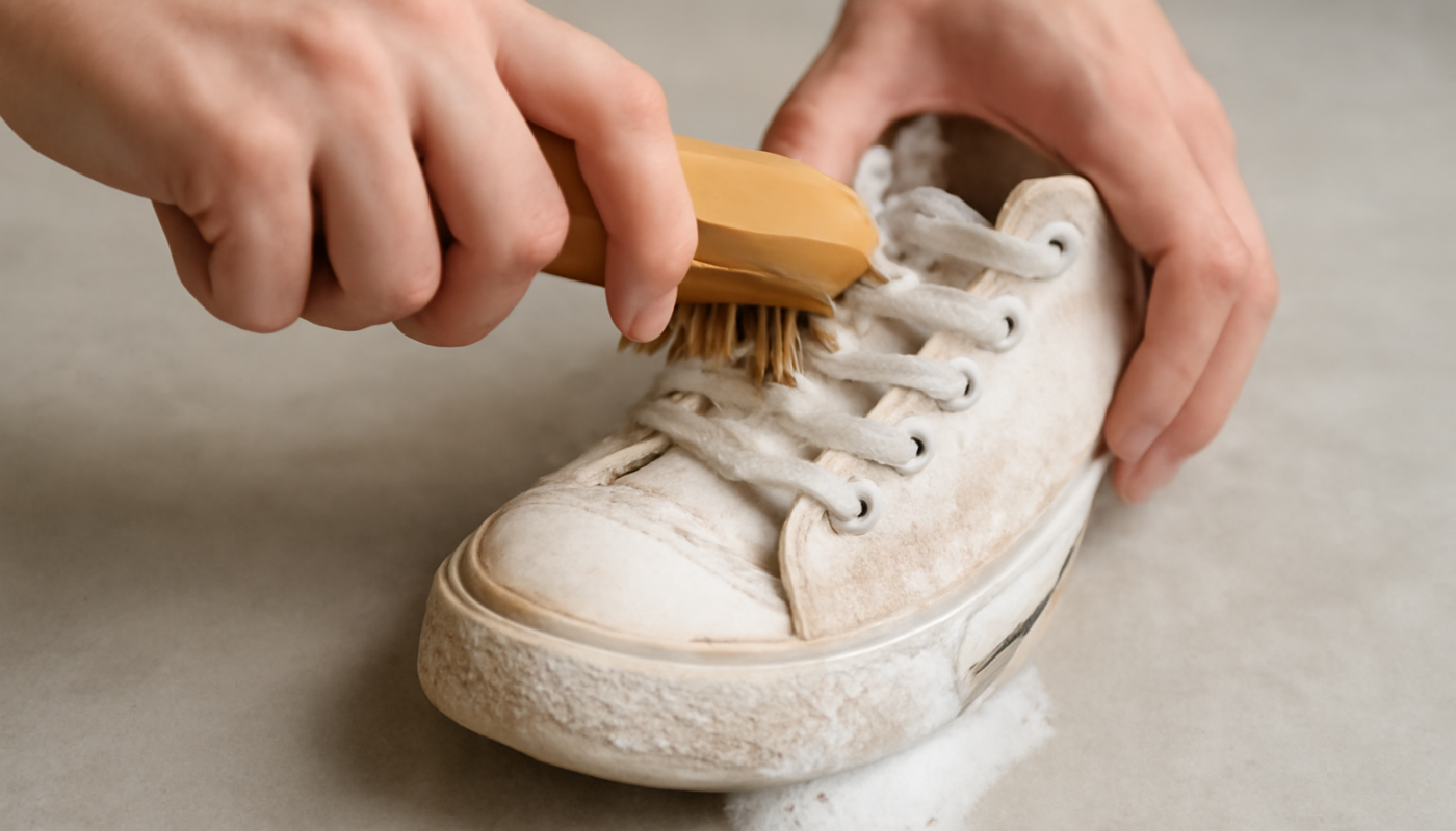 nettoyage de sneakers en toile blanche avec brosse