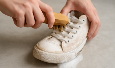 nettoyage de sneakers en toile blanche avec brosse